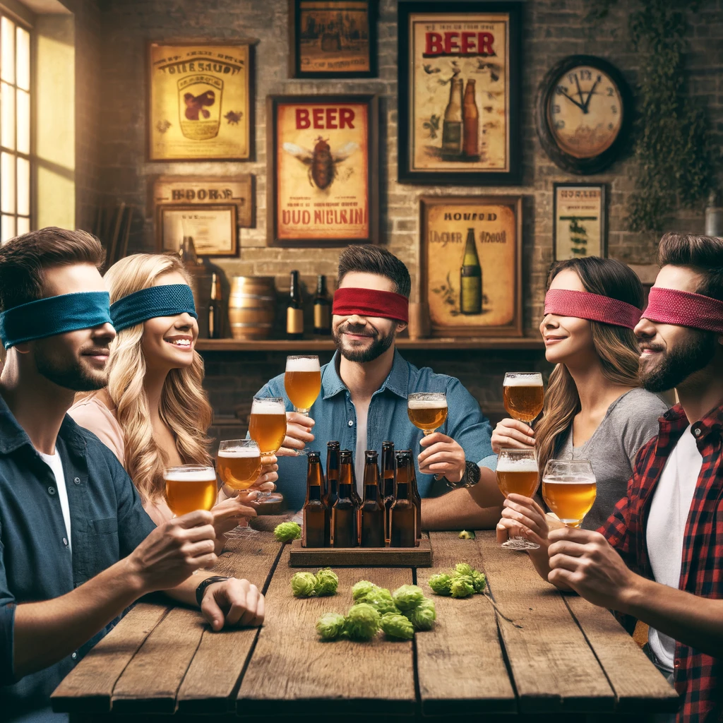 A corporate team at a blindfold beer tasting