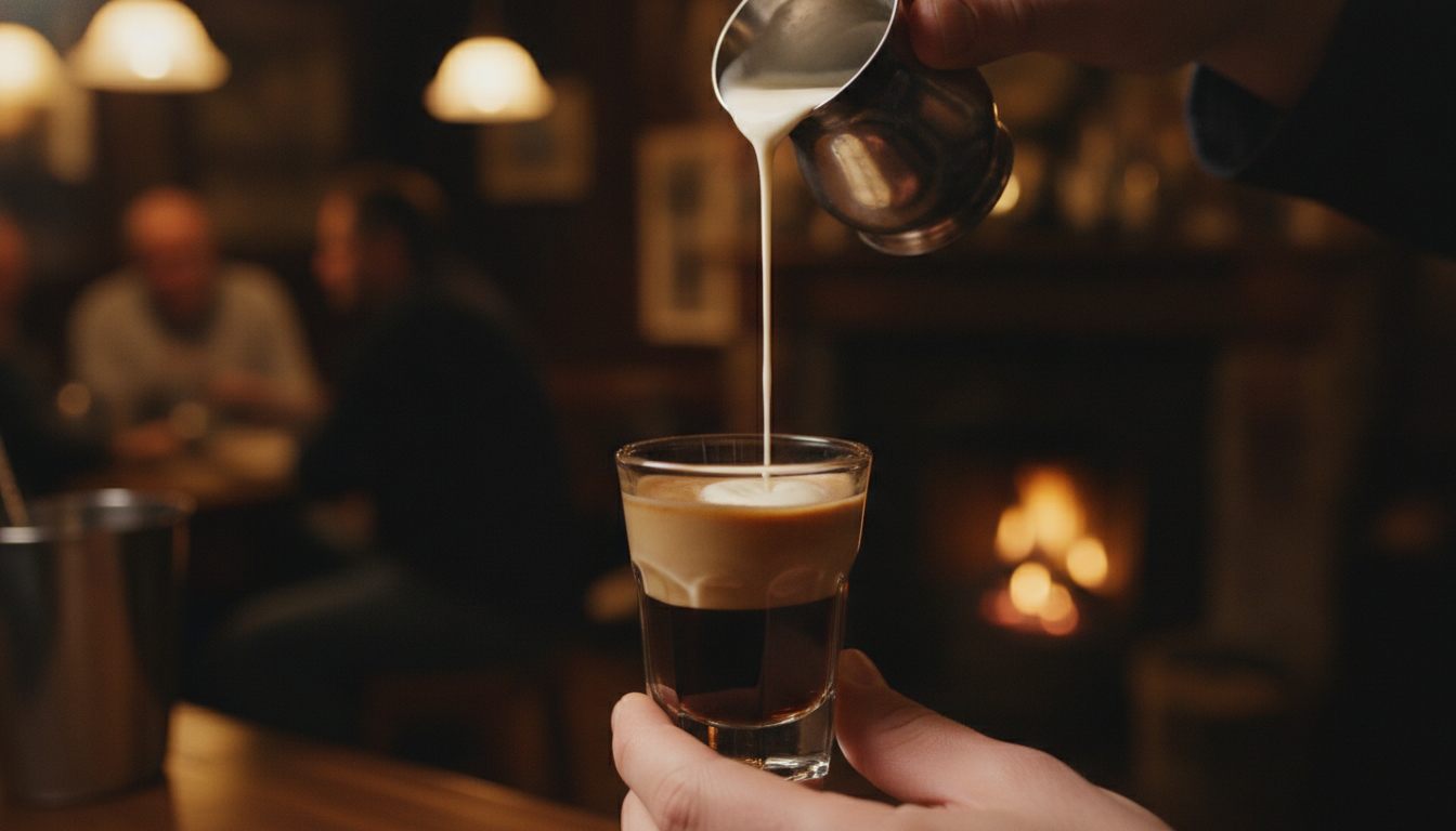 Pouring Irish cream over the back of a spoon to layer a Baby Guinness shot