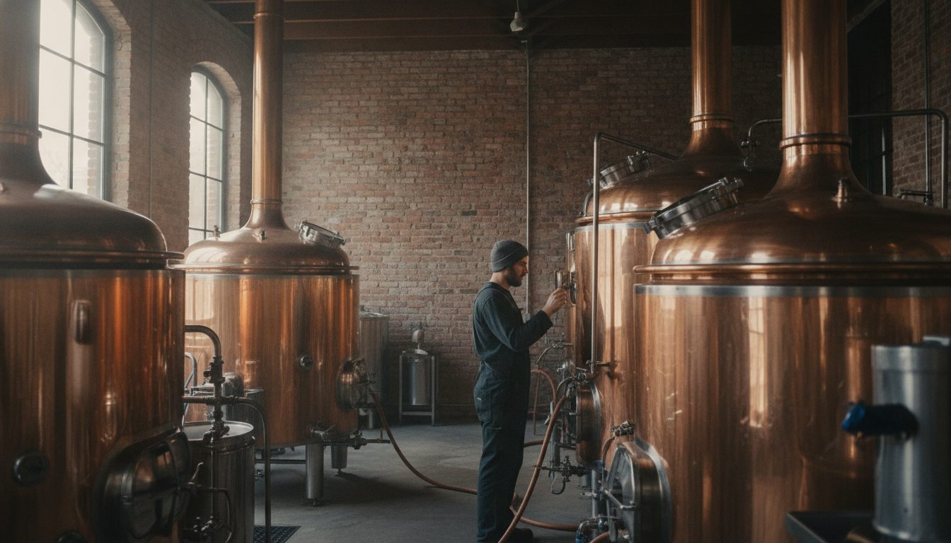 Copper and stainless steel brewing vessels inside a craft microbrewery