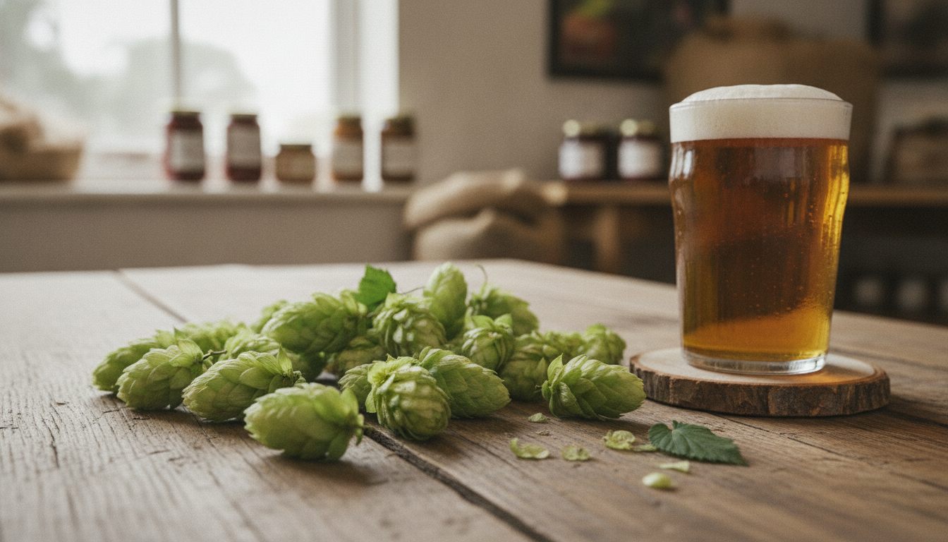 Fresh hop cones on a rustic wooden table beside a glass of golden ale