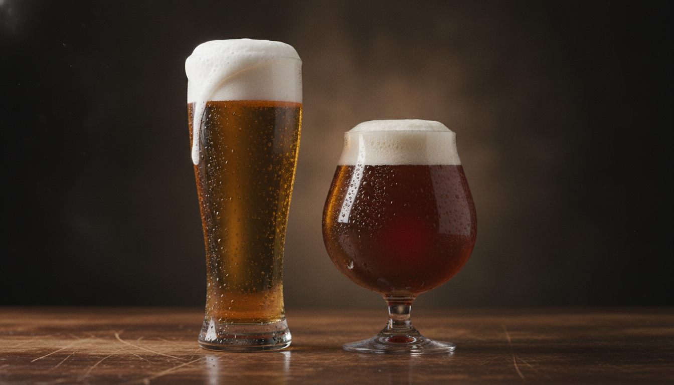 A pale golden lager and a darker amber ale side by side on a bar