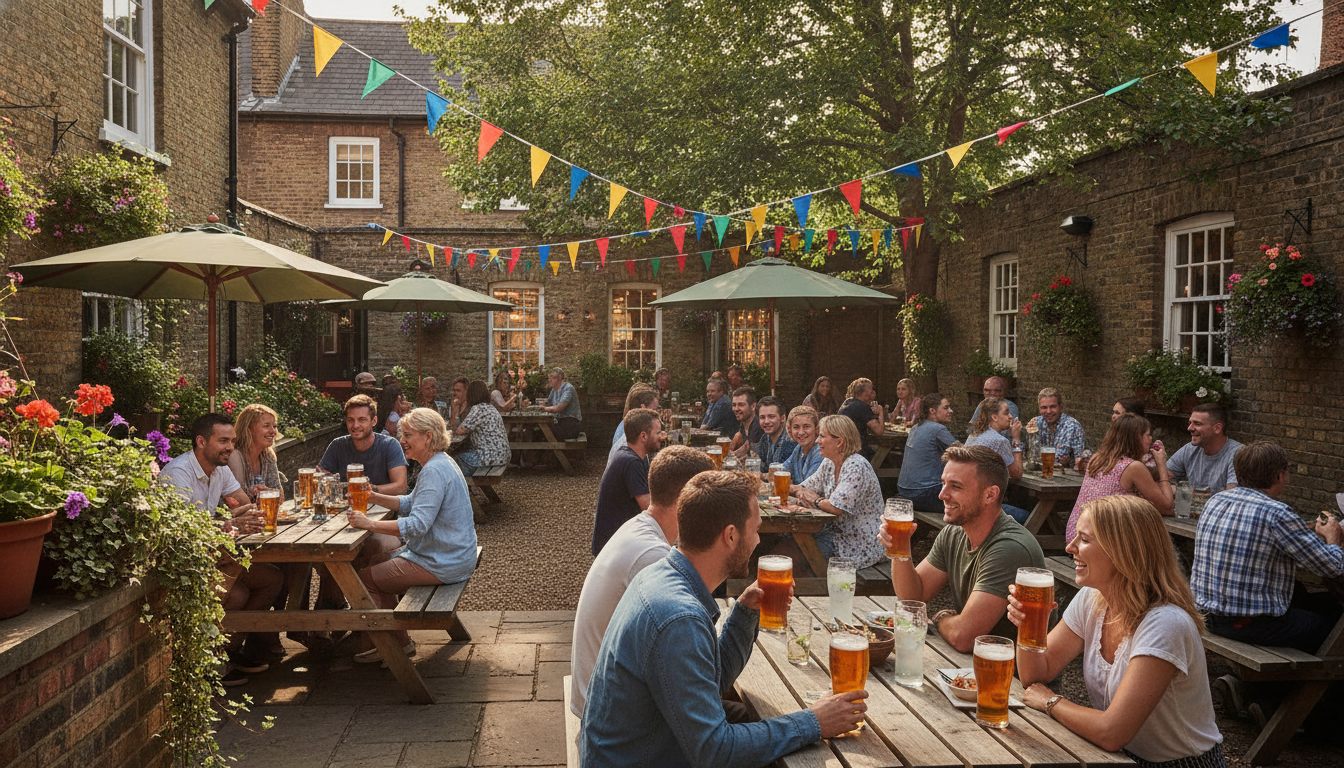 A sunny London pub beer garden with wooden benches and bunting