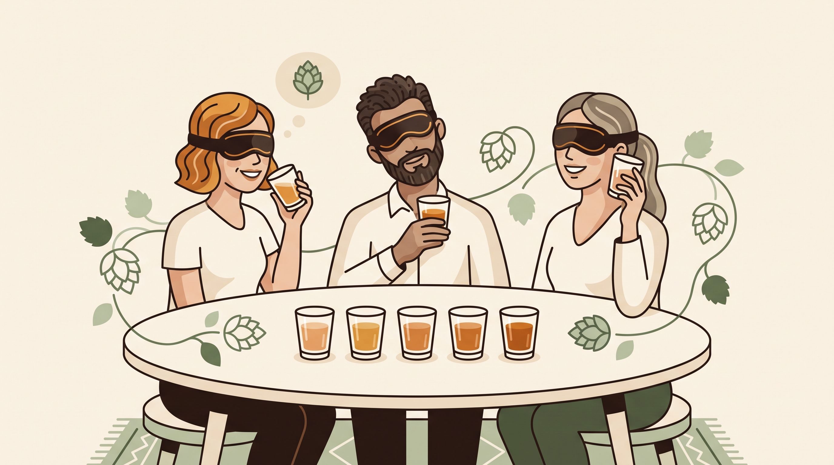 A corporate team at a blindfold beer tasting