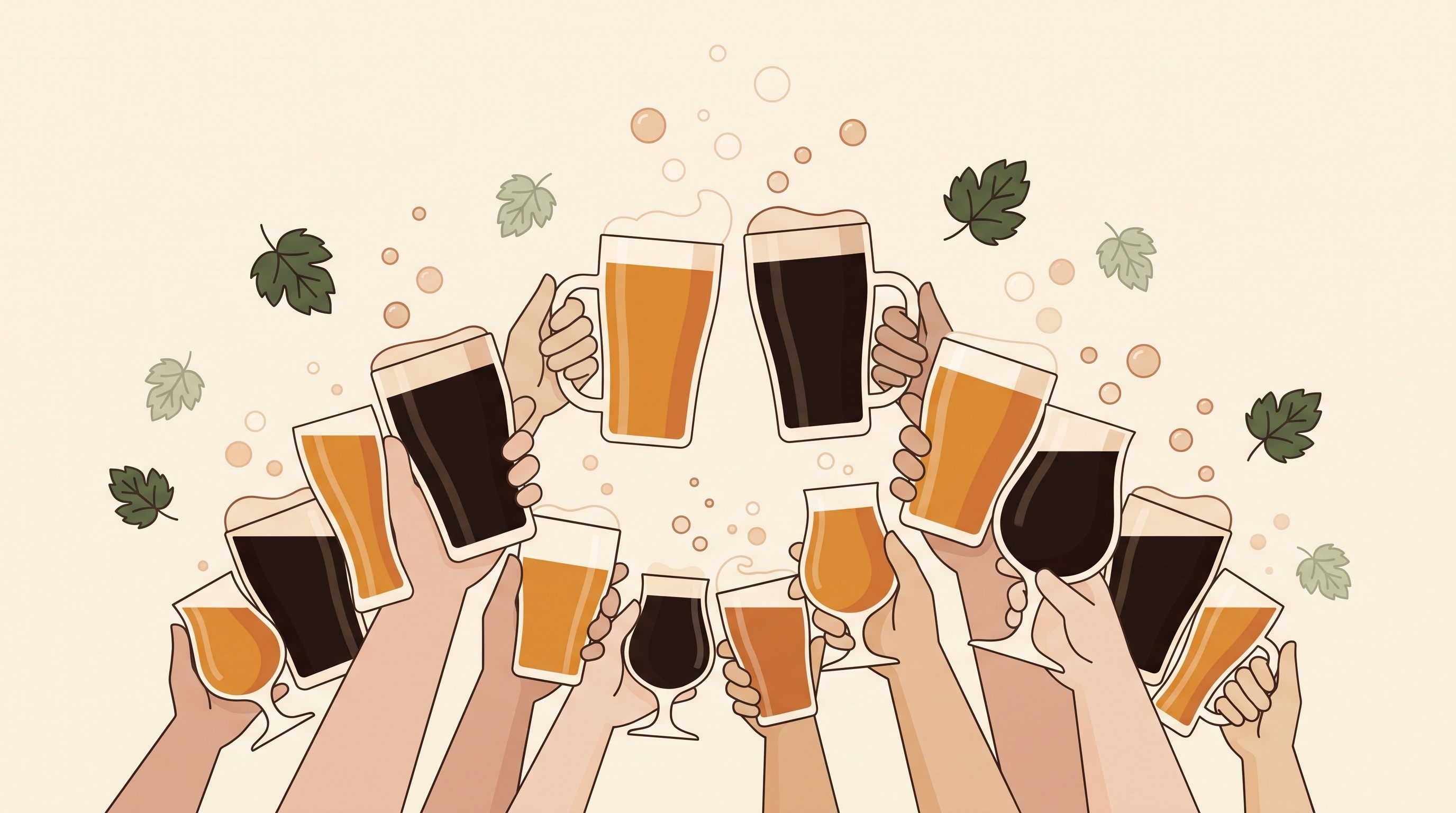 Hands raising pints and tasting glasses in a toast