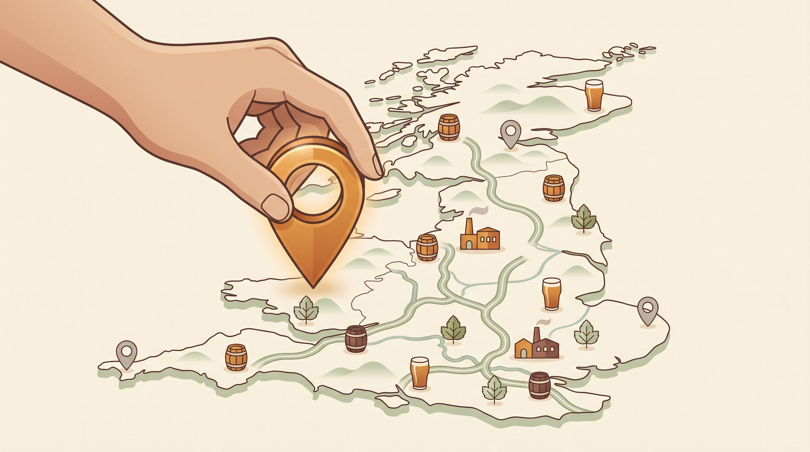 A hand placing a pin on a map of UK breweries