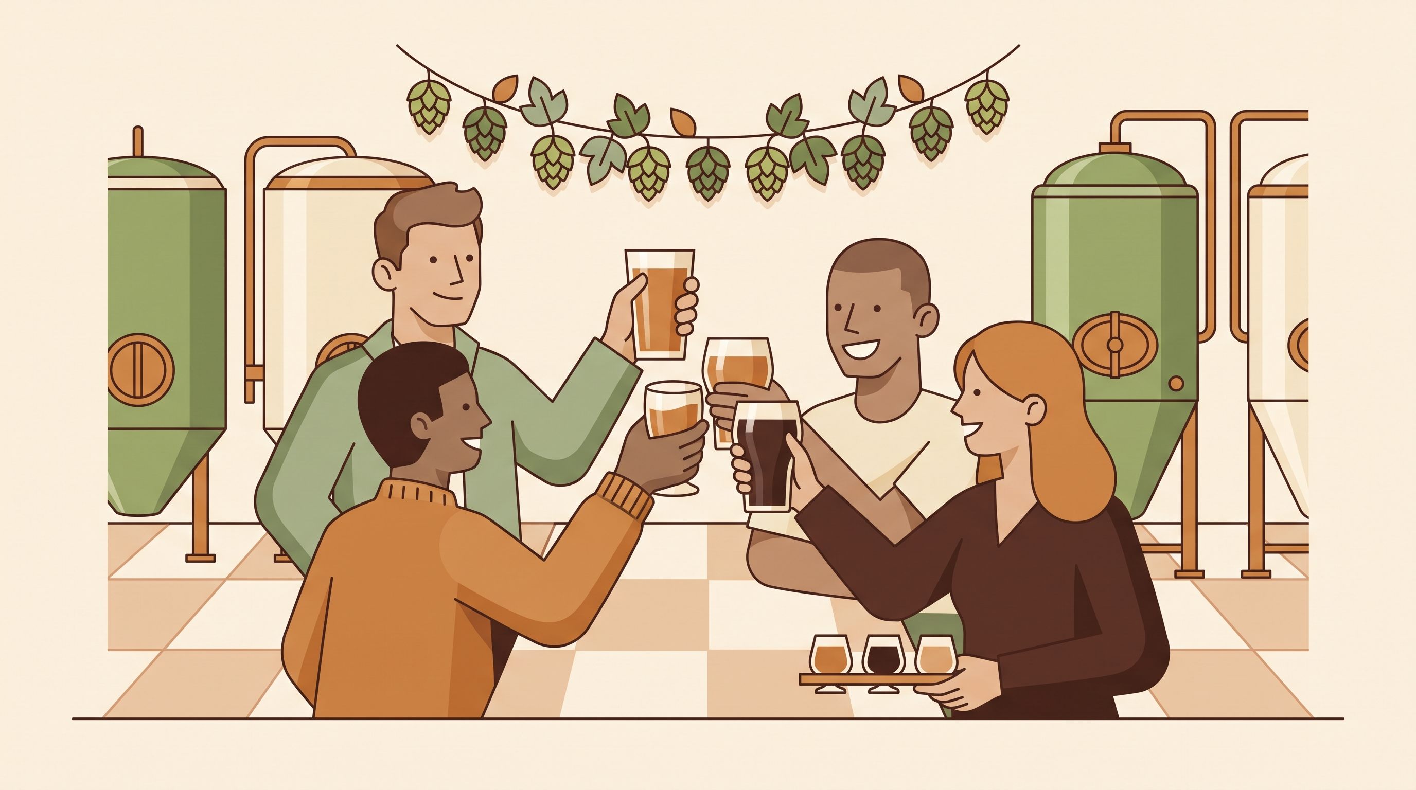 A group toasting pints together in a brewery taproom
